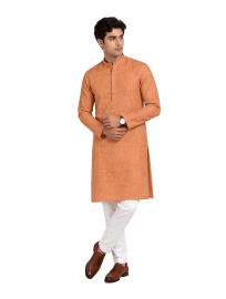 Men branded linen kurta set Burnt Orange Solid with White Pants