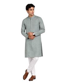 Men branded linen kurta set Greenish Grey Solid with White Pants