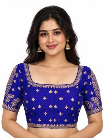 Graceful Essence Art Silk Royal Blue Paisley Embroidered Padded Blouse