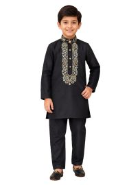EliteCharm Boys Premium Black Paisley Yoke Embroidered Readymade Sherwani Set