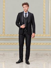 Bennevis Men’s Satin Shawl Lapel Geometric Diamond Waistcoat Tuxedo 5 Piece Suit Set
