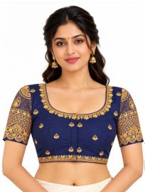 Graceful Essence Art Silk Navy Blue Gold Embroidered Padded Blouse