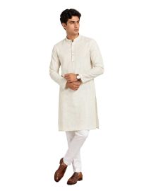 Mens Branded Kurta Set Ivory Slub Textured