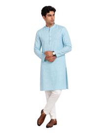 Men Branded Linen Kurta Set Light Aqua Blue Solid with White Pants