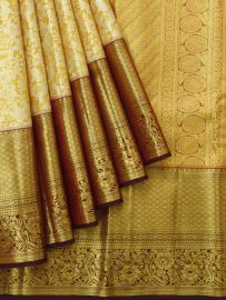Gracecharm Pure Silk Floral Jaal Diagonal Leaf Stripe Pallu Saree