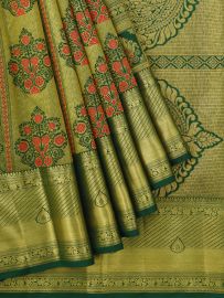 Gracecharm Pure Silk Floral Medallion with Zari Border Saree