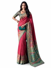 Gracecharm Katan Silk Butta with Contrast Floral Border Saree