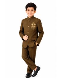 Royal Elegance Boys Olive Brown Elephant Crest Embroidered Bandhgala Suit Set
