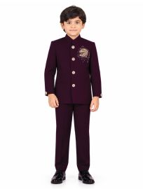 Royal Elegance Boys Deep Wine Purple Peacock Crest Embroidered Bandhgala Suit Set