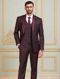 Bennevis Men’s Wine Satin Shawl Lapel Tuxedo 5 Piece Suit Set