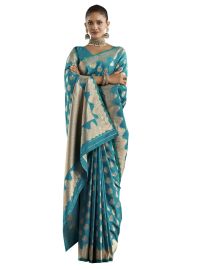Gracecharm Satin Mashru Silk Floral Butta with Scalloped Zari Border Saree