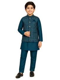 EliteCharm Boys Premium Teal Geometric Grid Nehru Readymade Sherwani Set