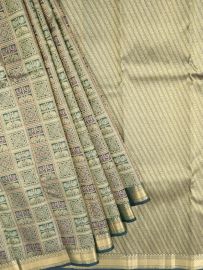Vivaha Kanchipuram Pure Silk Peacock Floral Grid with Diagonal Stripe Pallu Saree
