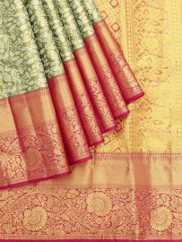 Vivaha Kanchipuram Pure Silk Floral Leaf Jaal with Diamond Floral Lattice Pallu Saree