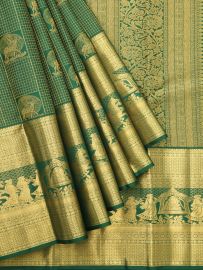 Vivaha Kanchipuram Pure Silk Zari Check Deer Motif with Zari Border Saree