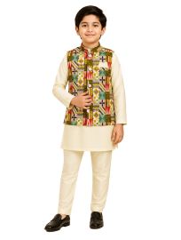 EliteCharm Boys Premium Ivory Geometric Print Nehru Readymade Sherwani Set