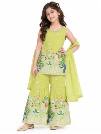 Graceful Essence Girls Elephant Floral Embroidered Kurta Gharara Pant Dupatta Set