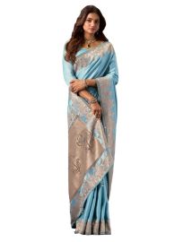 Gracecharm Satin Silk Plain with Floral Bird Border and Floral Pallu Saree