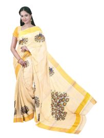 Kerala Cotton Peacock Butta Grand Peacock Pallu Golden Kasavu Border Saree