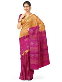 Kanmanie Soft Silk Floral Leaf Butta with Ornamental Stripe Borderless Saree