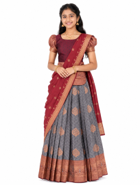 Gracecharm Emerald Glow Grey Art Silk Girls Pavadai Dhavani Material Set