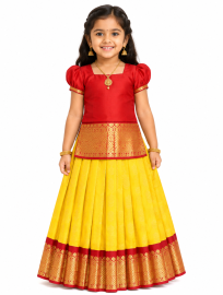 Gracecharm Silk Floral Leaf Butta with Contrast Border Pattu Pavadai Material