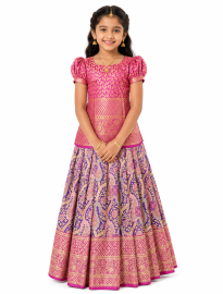 Gracecharm purple Pure Silk Geometric with Floral Brocade Border Pattu Pavadai Material