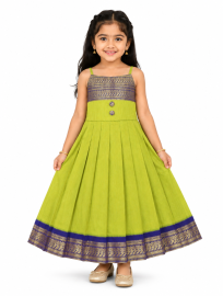 Kutty Kanmanie Girls Poly Cotton Peacock Zari Border Pleated Frock
