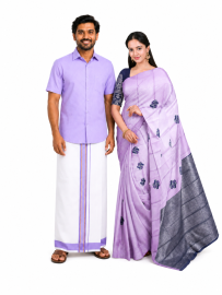 Couple Combo Light Lavender Shirt and Dhoti Set with Geometric Butta Saree