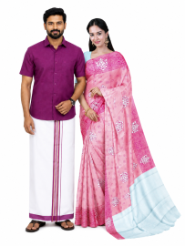 Couple Combo Deep Magenta Shirt and Dhoti Set with Saree
