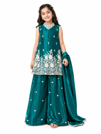 Gracecharm Girls Embroidered Top and Palazzo Set with Dupatta