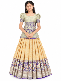 Gracecharm Pure Silk Floral Damask with Bird Border Pattu Pavadai Material