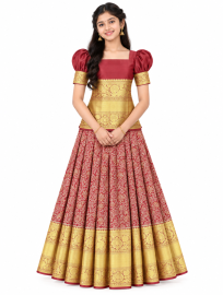 Gracecharm Pure Silk Floral Jaal with Zari Border Pattu Pavadai Material
