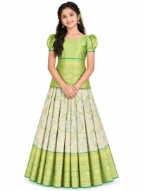 Kanmanie Emerald Glow Pure Silk Floral Jaal with Floral Brocade Pavadai Material