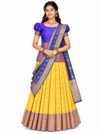 Gracecharm Emerald Glow yellow Art Silk Girls Pavadai Dhavani Material Set