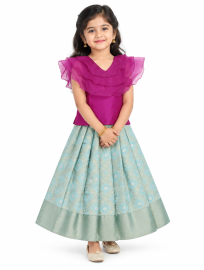 Kutty Kanmanie Girls Ruffle Top with Brocade Pattu Pavadai Set