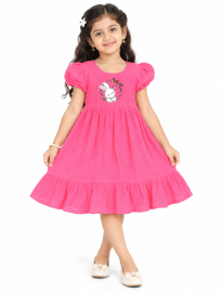Chellakutti Girls Bunny Floral Motif Puff Sleeve Ruffle Hem Frock