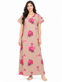 EasyCharm Rayon Rose Floral Printed Tie-Neck Layered Sleeve Nighty
