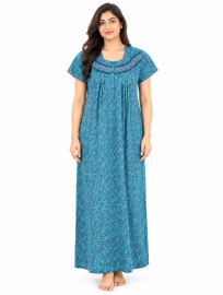 EasyCharm Cotton Floral Vine Print Pleated Yoke Nighty