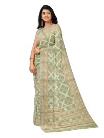 BlossomEase Elegant Super Netted Criss-Cross Lattice Floral Border Saree