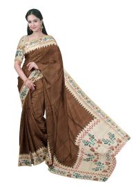 Gracecharm Semi Linen Dotted Stripe with Tribal Folk Art Pallu Saree