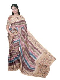 Gracecharm Semi Linen Multicolor Stripe with Bird Floral Vine Pallu Saree