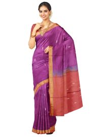 Kanmanie Vazhainaar Pattu Magenta Purple Coral Peach Saree