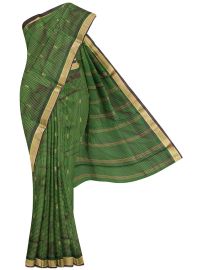 Traditional Nine Yards Silk Green Peacock Checks Striped Pallu Saree