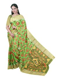 Gracecharm Pochampally Silk Cotton Ikat Flame Butta with Floral Pallu Saree