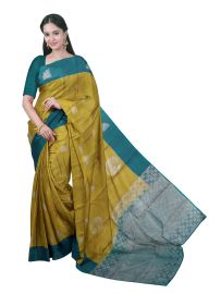 Gracecharm Art Soft Silk Mustard Fan Butta Teal Zari Saree