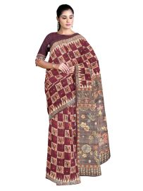 GraceCharm Semi Jute Geometric Checks with Floral Lotus Pallu Saree