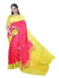 GraceCharm Art Silk Rani Pink Striped Butta with Lime Green Contrast Pallu Saree