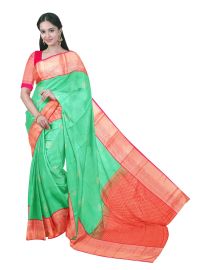 GraceCharm Art Silk Sea Green Floral Butta Pink Contrast Zari Border Saree