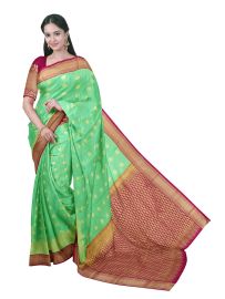 GraceCharm Art Silk Green Polka Butta with Rani Pink Zari Border Saree